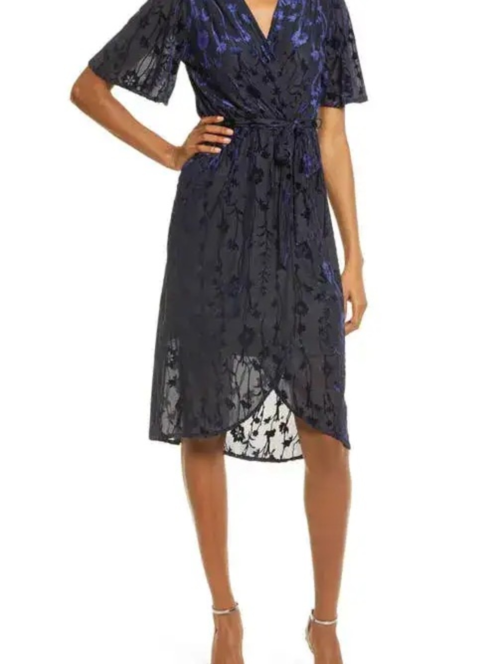 Nordstrom Navy Floral Velvet Burnout Wrap Dress